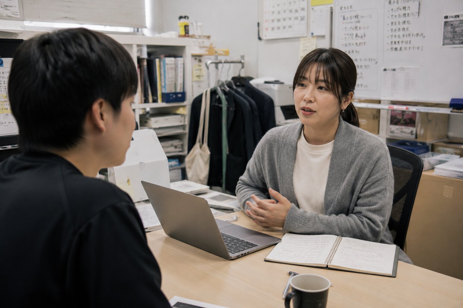 先輩と話しながら業務を確認する様子
