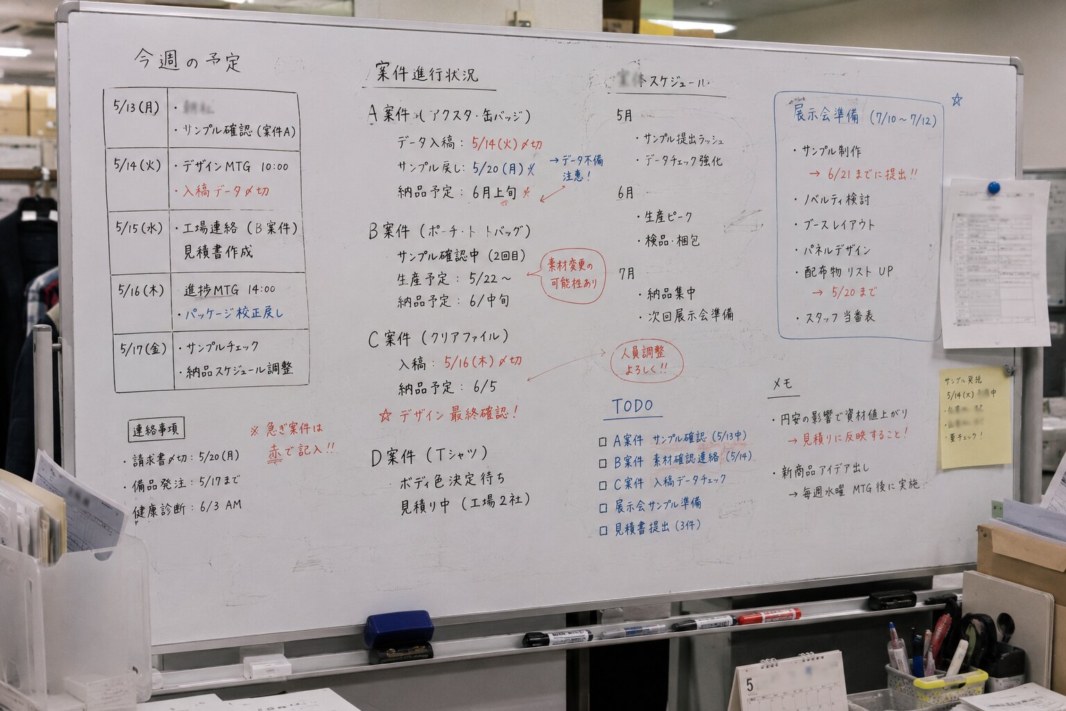 今週の予定・案件進行状況が書かれたホワイトボード